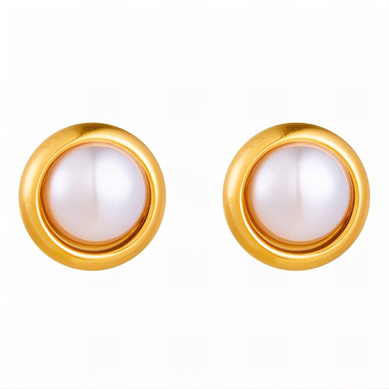 18K gold plated stainless steel pearl stud earrings front view