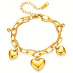 18K gold plated stainless steel hearts bracelet on white background