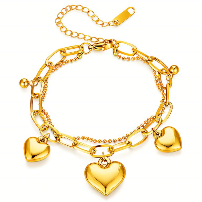 18K gold plated stainless steel hearts bracelet on white background
