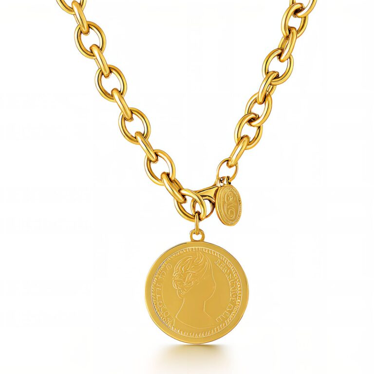 18K gold plated stainless steel coin necklace front view