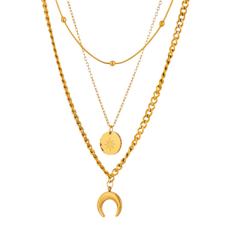 18K gold plated crescent and star necklace on display