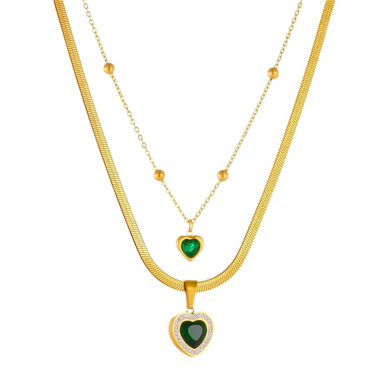 Close-up of 18K gold plated hearts necklace with cubic zirconia pendant