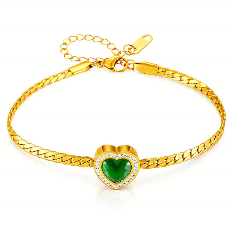 Close-up of 18K gold plated heart bracelet with cubic zirconia on stainless steel