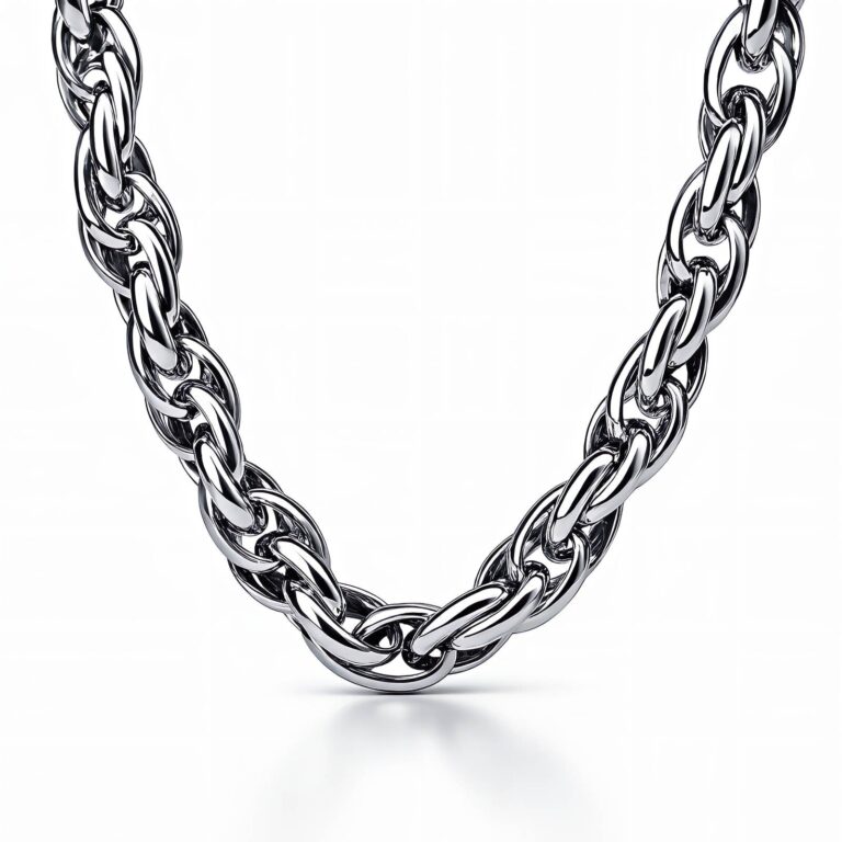 Close-up of stainless steel necklace with lobster claw closure