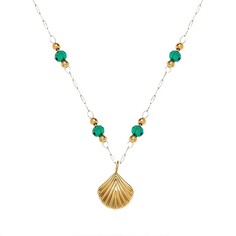 Close-up of 18K gold plated seashell necklace with lobster claw clasp