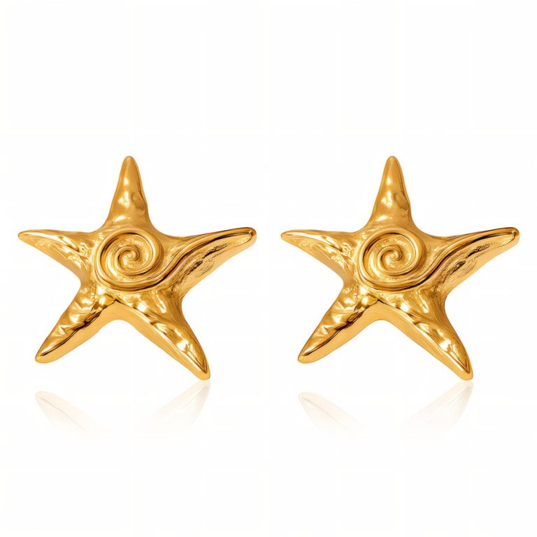 Close-up of 18K gold plated stainless steel starfish stud earrings