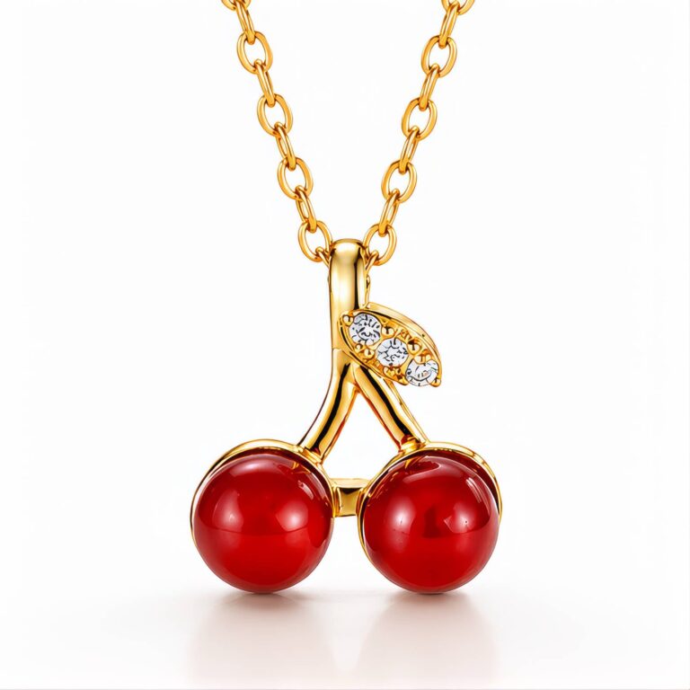 18K gold plated cherry pendant necklace on a white background
