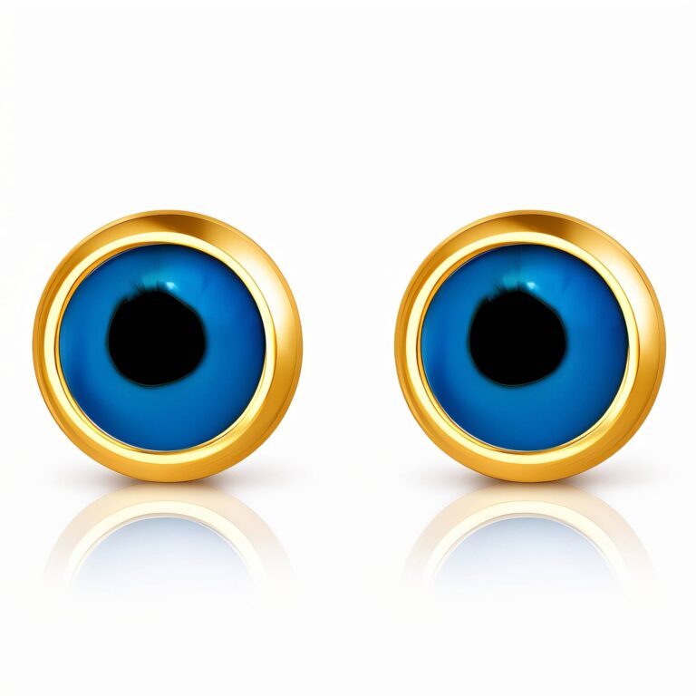 Close-up of 18K gold plated evil eye stud earrings on white background