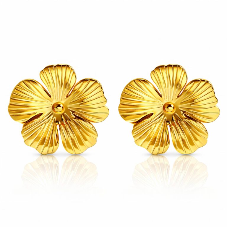 Close-up of 18K gold plated stainless steel flower stud earrings