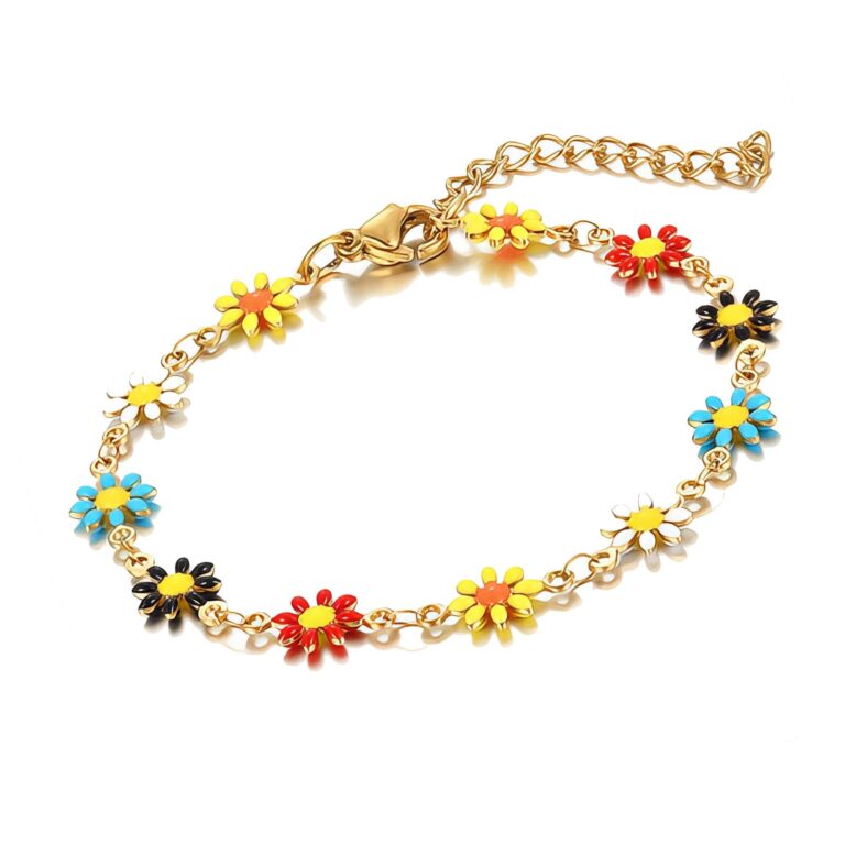 18K gold plated flower meadow stainless steel bracelet with enamel detail