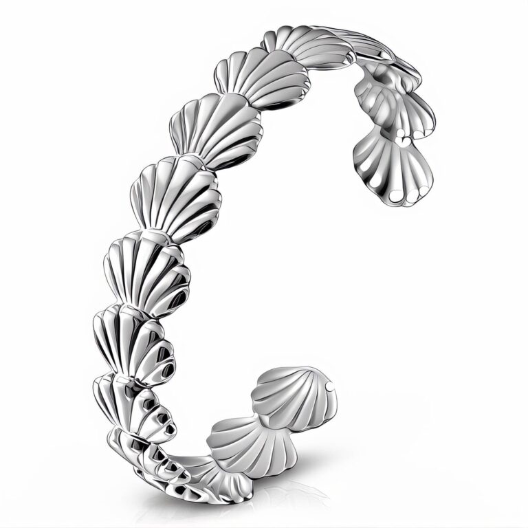 Stainless steel seashells bracelet with 6 cm diameter on white background