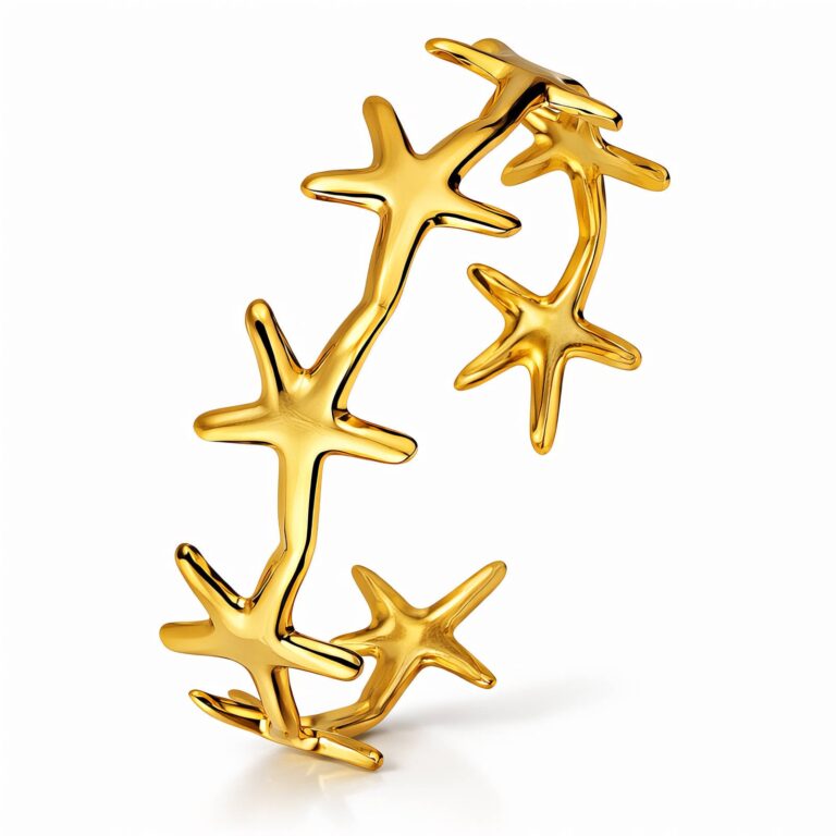 18K gold plated stainless steel starfish bracelet on white background