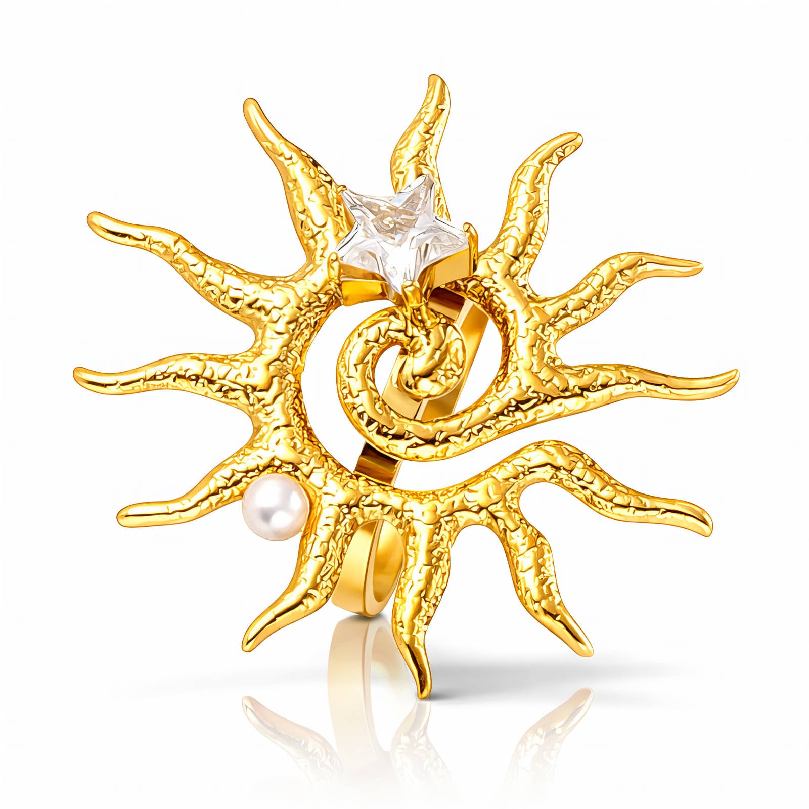 90522-0_new_10050055 Adjustable sun ring with pearl imitation and cubic zirconia in gold plating