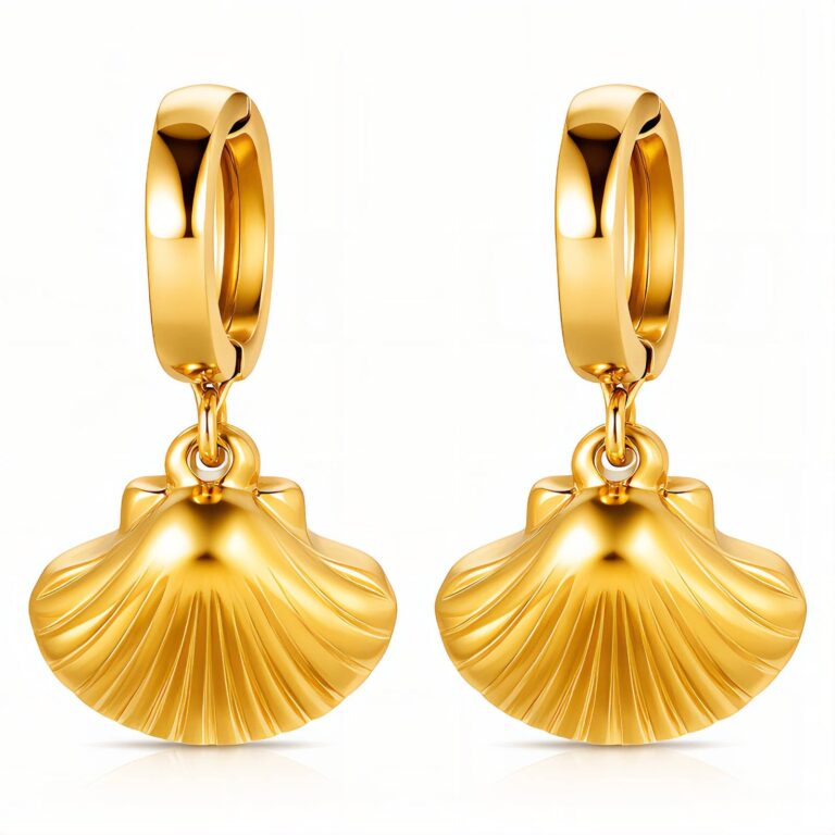 18K gold plated stainless steel seashell earrings on white background