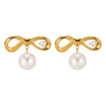 18K gold plated steel bow earrings with cubic zirconia and pearl accents