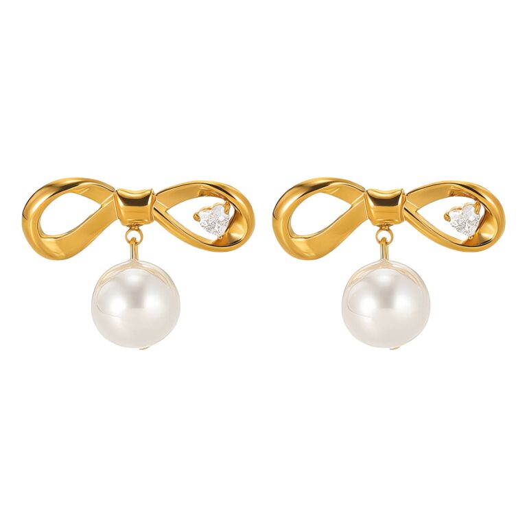 18K gold plated steel bow earrings with cubic zirconia and pearl accents