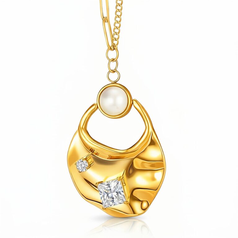 18K gold plated stainless steel pearl necklace with cubic zirconia