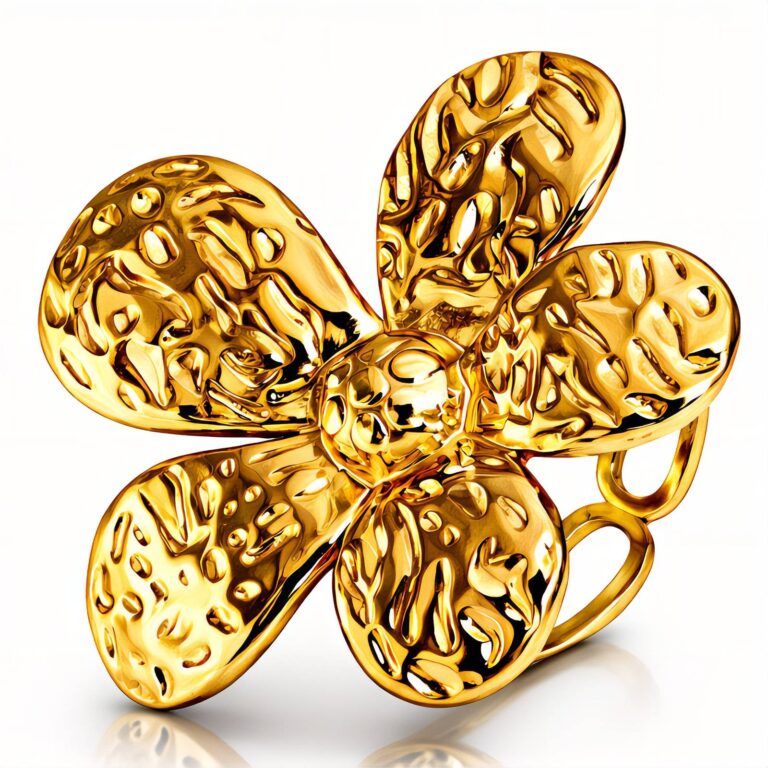 Adjustable 18K gold plated stainless steel flower ring on white background