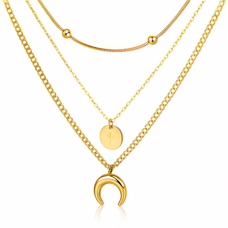 18K gold plated crescent and star necklace on stainless steel close-up