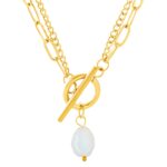 Close-up of 18K gold plated freshwater pearl necklace with toggle clasp