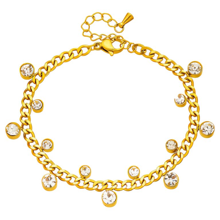 Close-up of 18K gold plated stainless steel bracelet with cubic zirconia