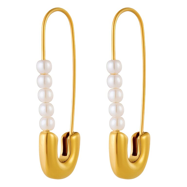 18K gold plated stainless steel earrings with imitation pearls front view