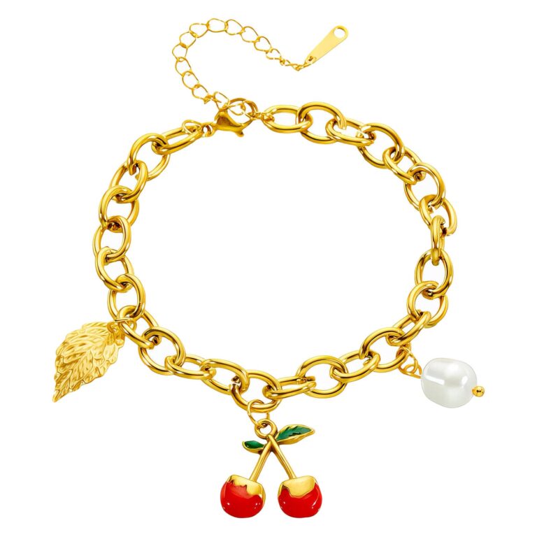 18K gold plated stainless steel cherry bracelet close-up