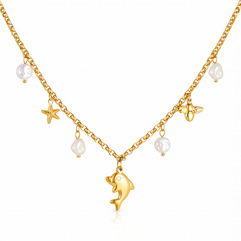 18K gold plated stainless steel dolphin necklace front view