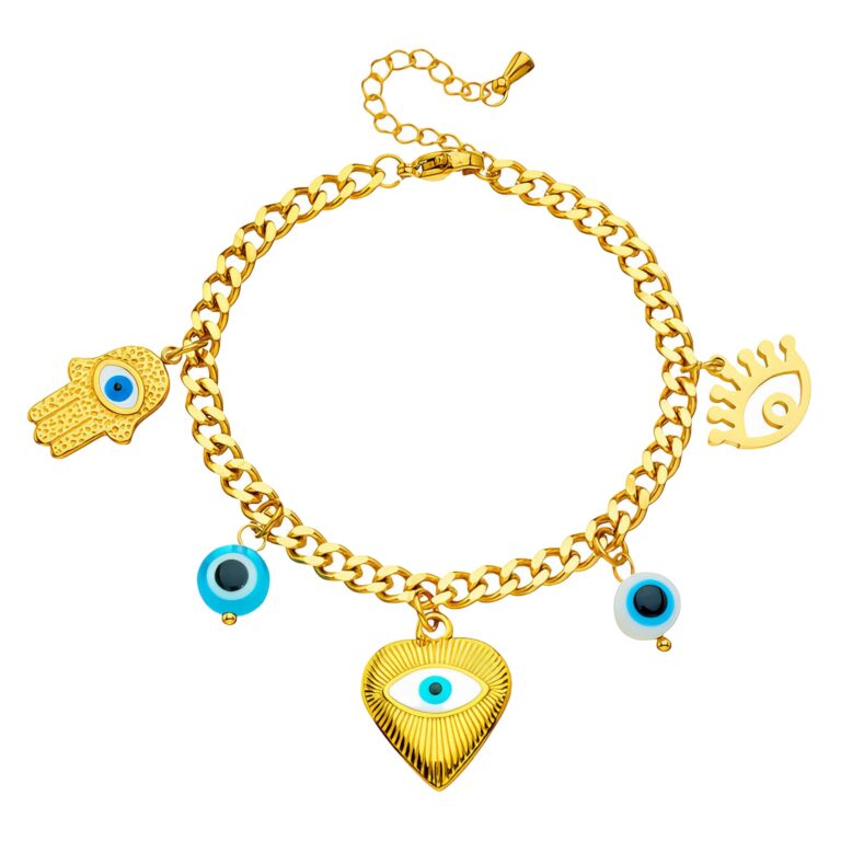 18K gold plated stainless steel evil eyes bracelet close-up