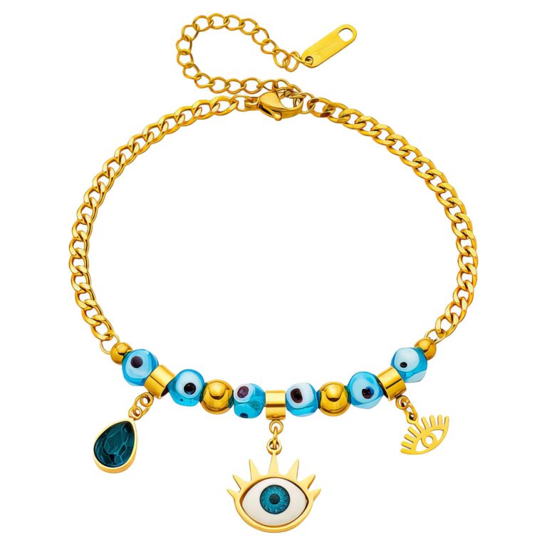 18K gold plated stainless steel Evil Eye bracelet on white background