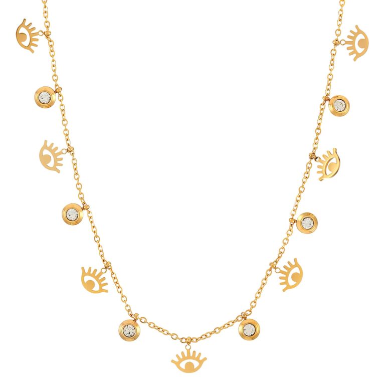 18K gold plated evil eyes necklace with cubic zirconia close-up