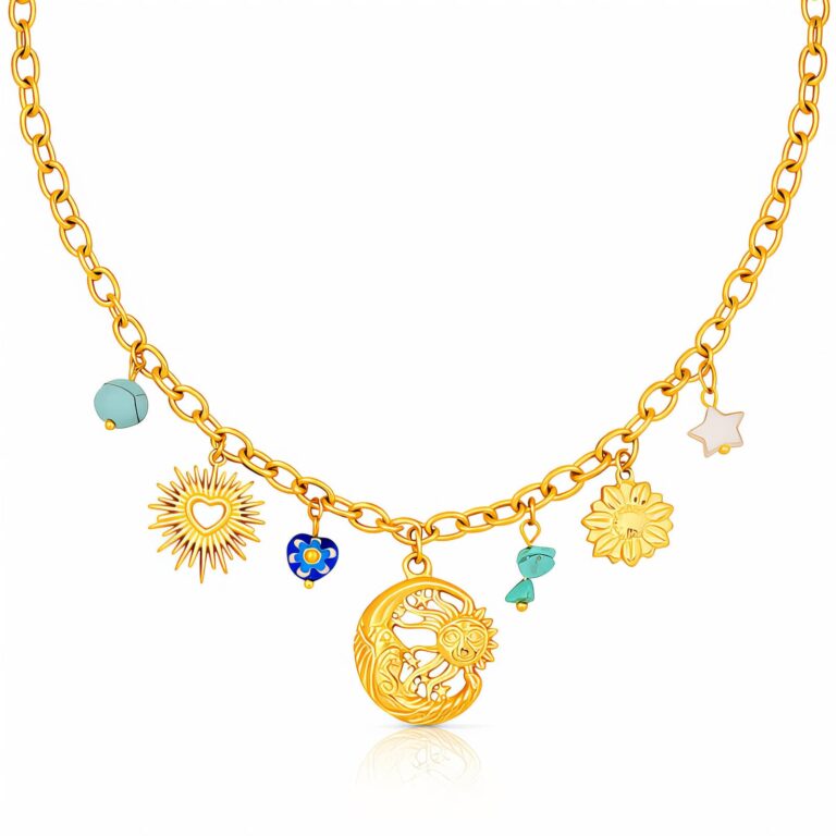 Close-up of 18K gold plated crescent and sun necklace on white background
