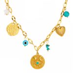 18K gold plated evil eye necklace front view on white background