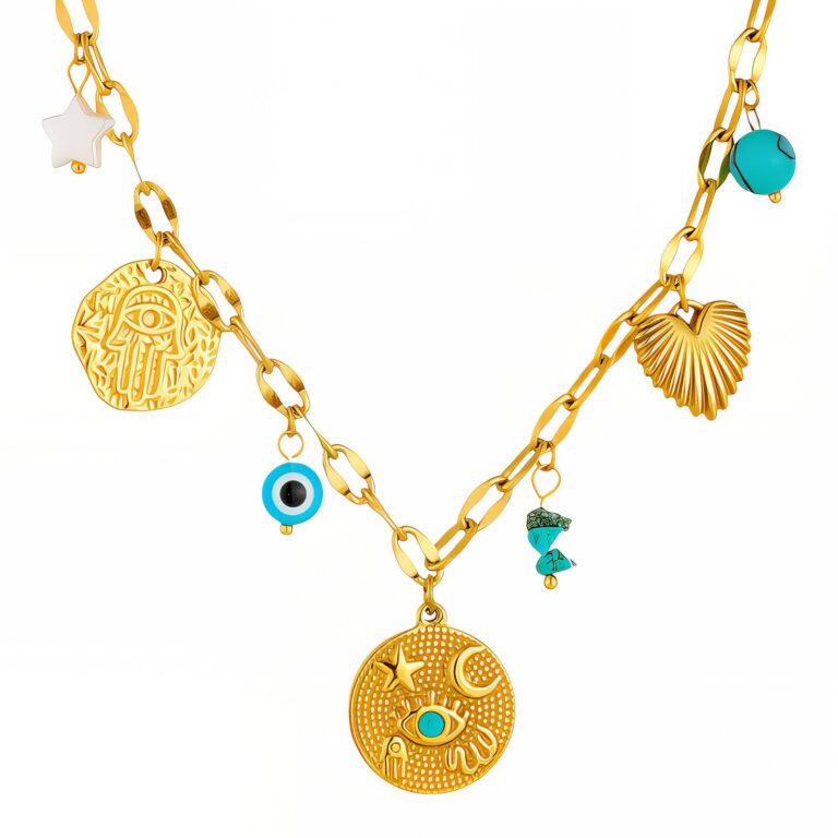 18K gold plated evil eye necklace front view on white background