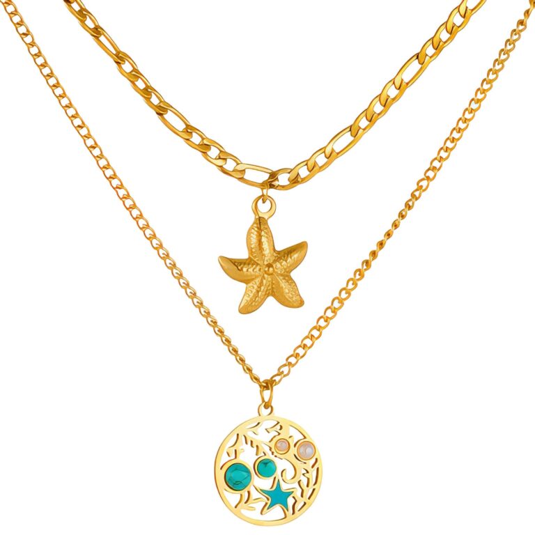 18K gold plated starfish necklace with pearl pendant front view