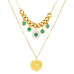 Close-up of 18K gold plated evil eye necklace pendant on stainless steel chain