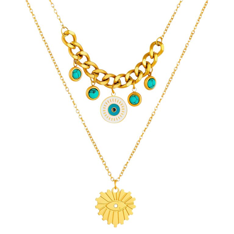 Close-up of 18K gold plated evil eye necklace pendant on stainless steel chain