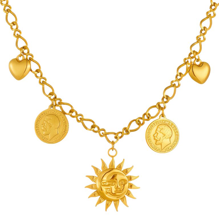 18K gold plated stainless steel sun necklace close-up