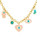 Close-up of 18K gold plated Evil Eyes necklace pendant