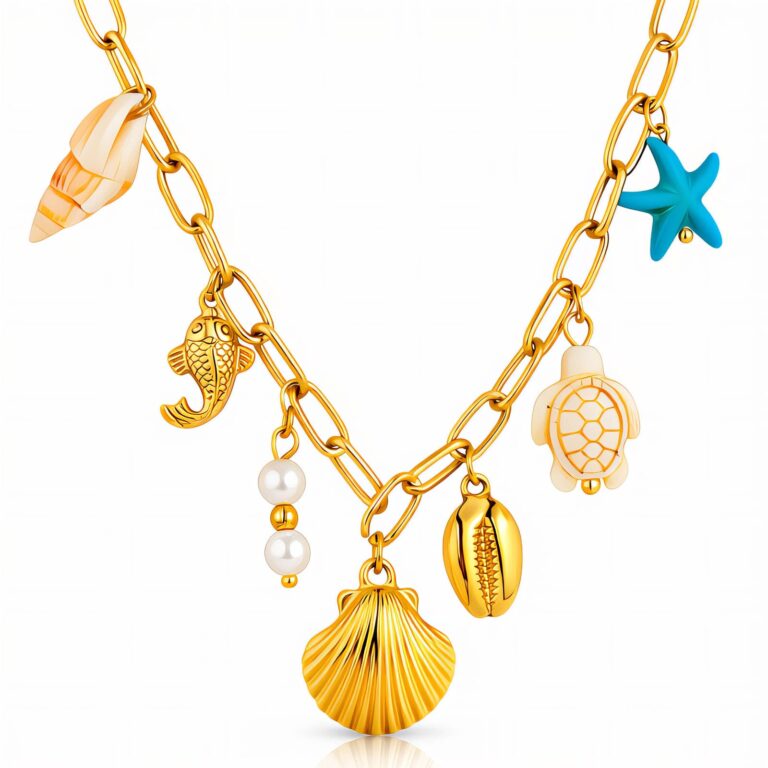 Close-up of 18K gold plated seashell pendant necklace with pearl detail