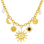 18K gold plated crescent and sun pendant necklace with pearl on stainless steel chain