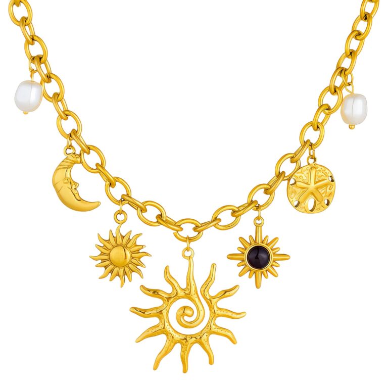 18K gold plated crescent and sun pendant necklace with pearl on stainless steel chain