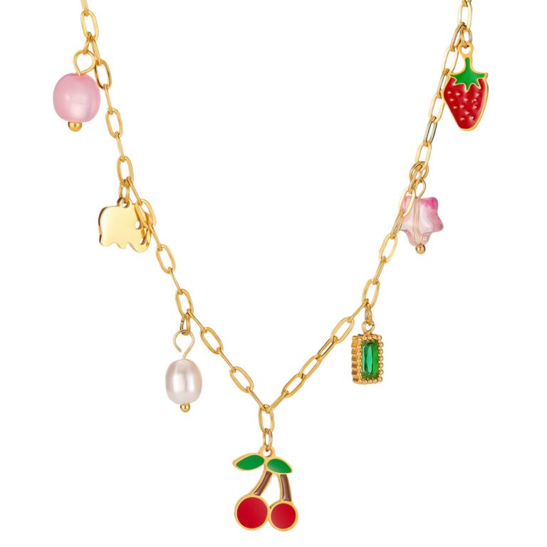 18K gold plated cherry necklace with pearl beads and cubic zirconia