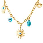Close-up of 18K gold plated evil eye necklace on white background
