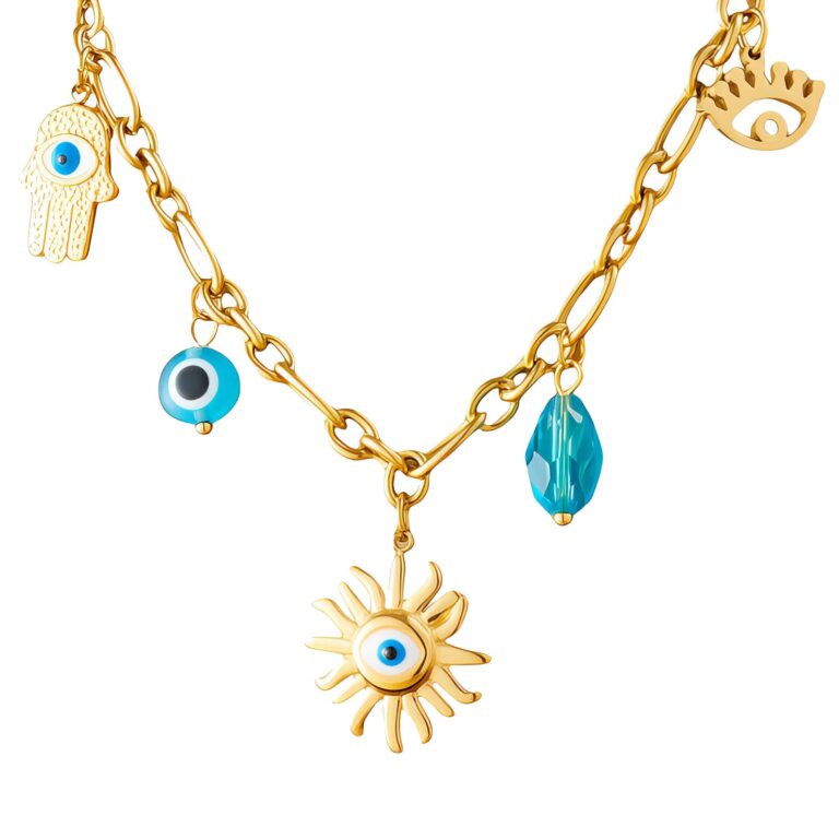 Close-up of 18K gold plated evil eye necklace on white background