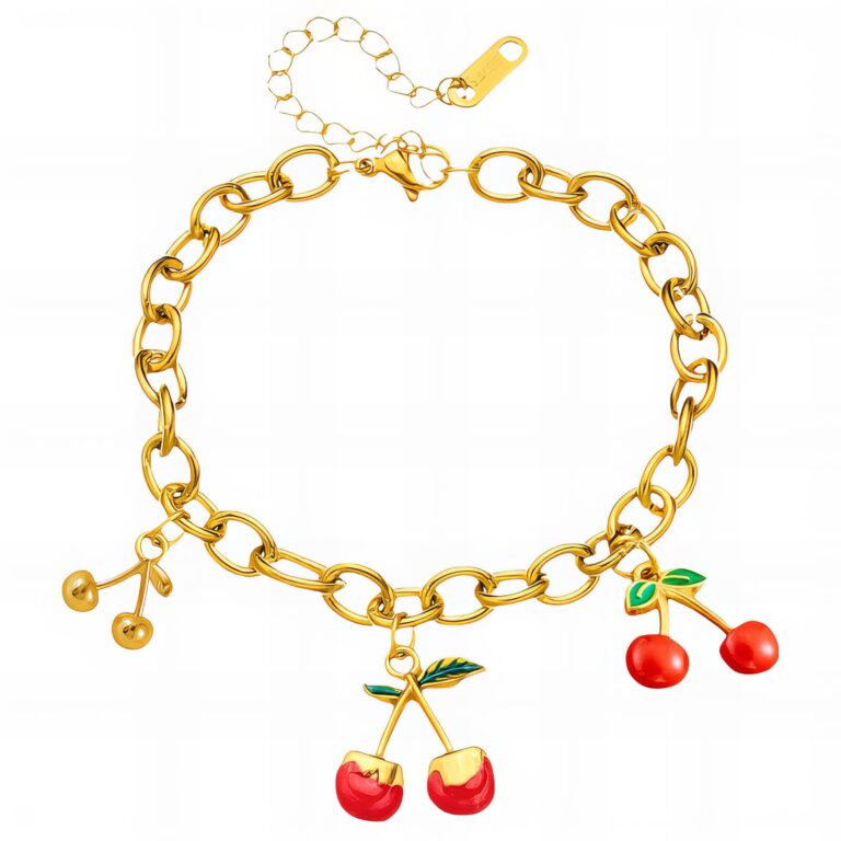 18K gold plated stainless steel cherry bracelet close-up