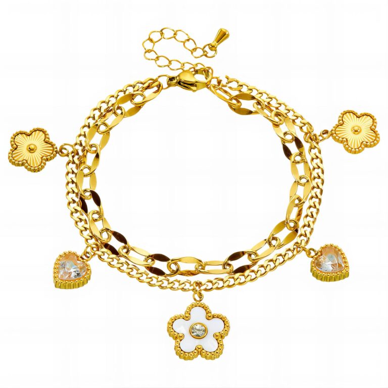 18K gold plated flower meadow bracelet with cubic zirconia close-up