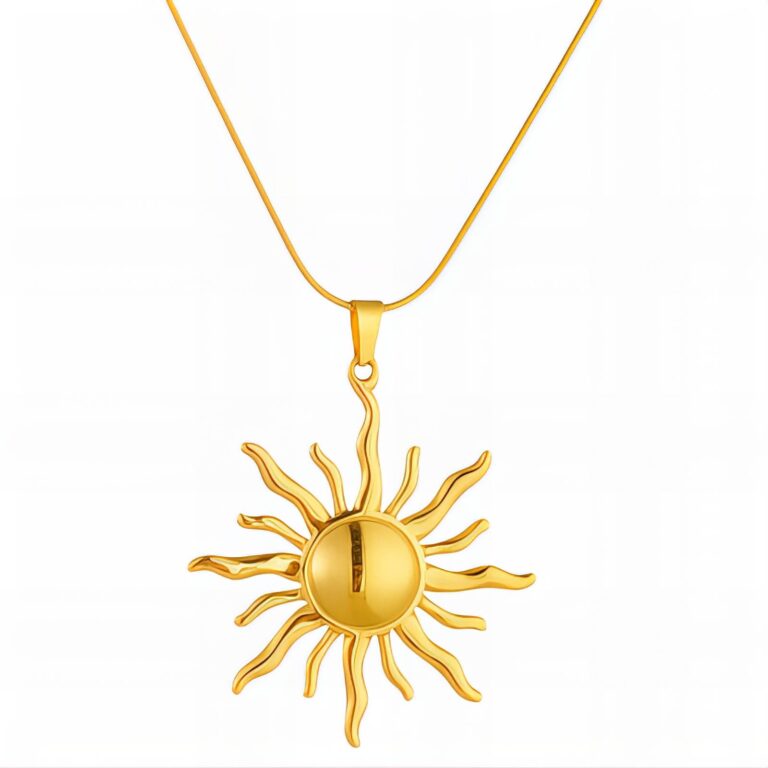 18K gold plated sun pendant necklace on white background