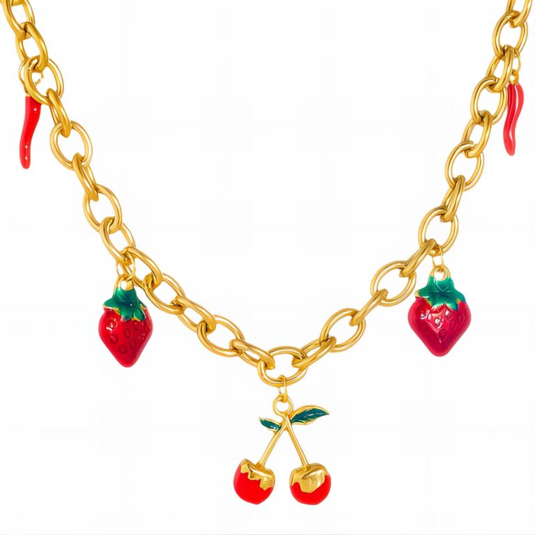 18K gold plated strawberry necklace front view
