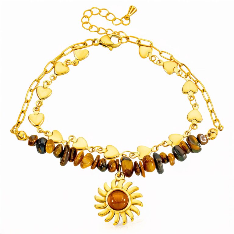 Sun bracelet with natural stones and 18K gold plating on wrist